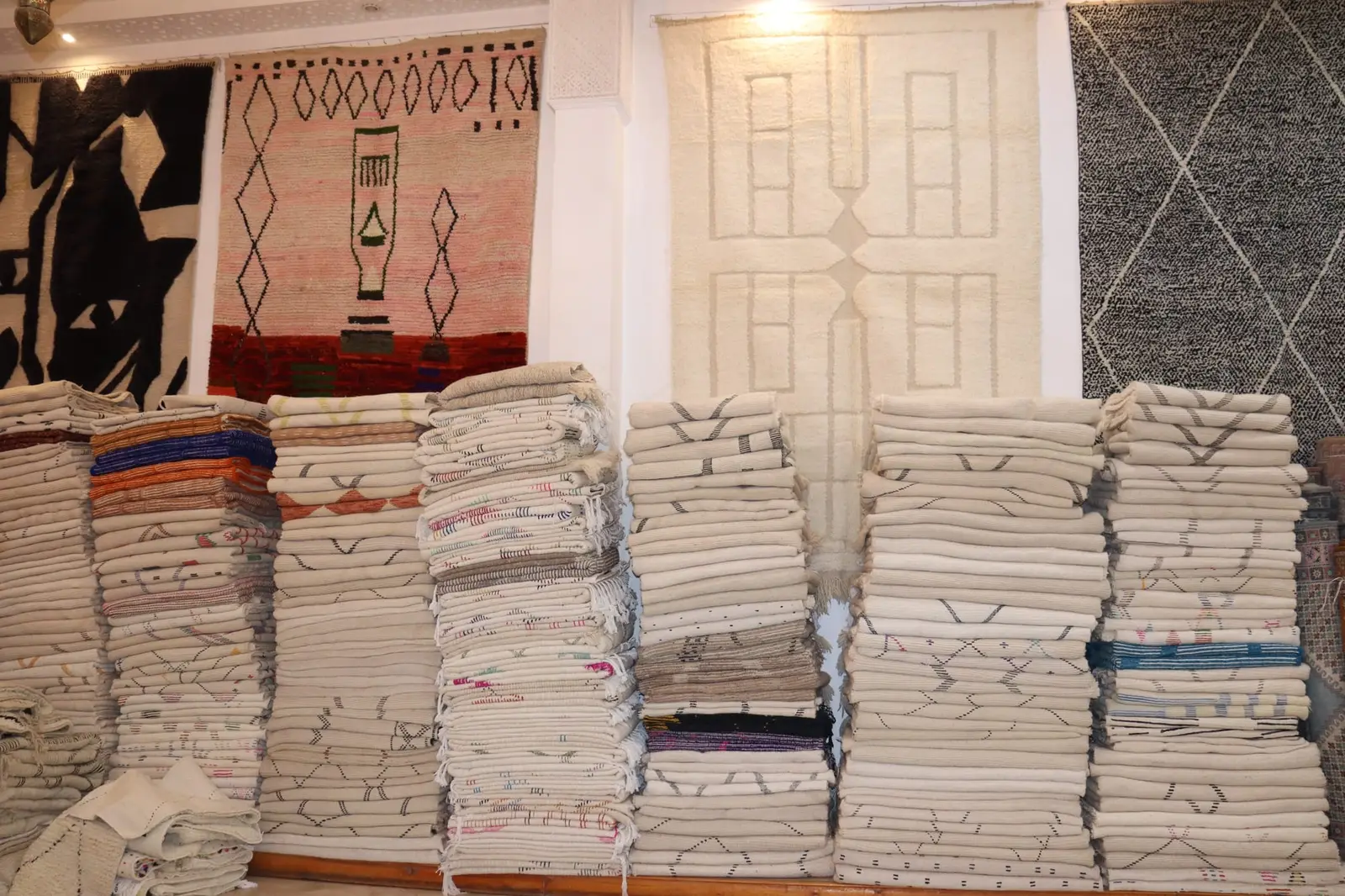 Handwoven Moroccan rugs in the showroom
